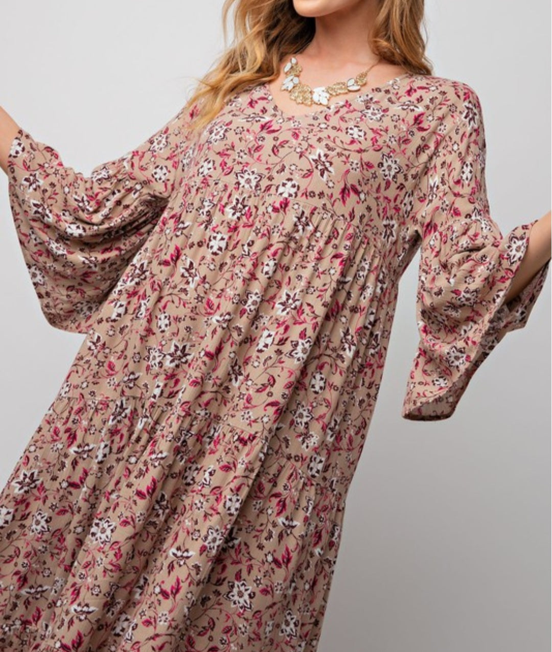 TAN FLORAL MIDI DRESS