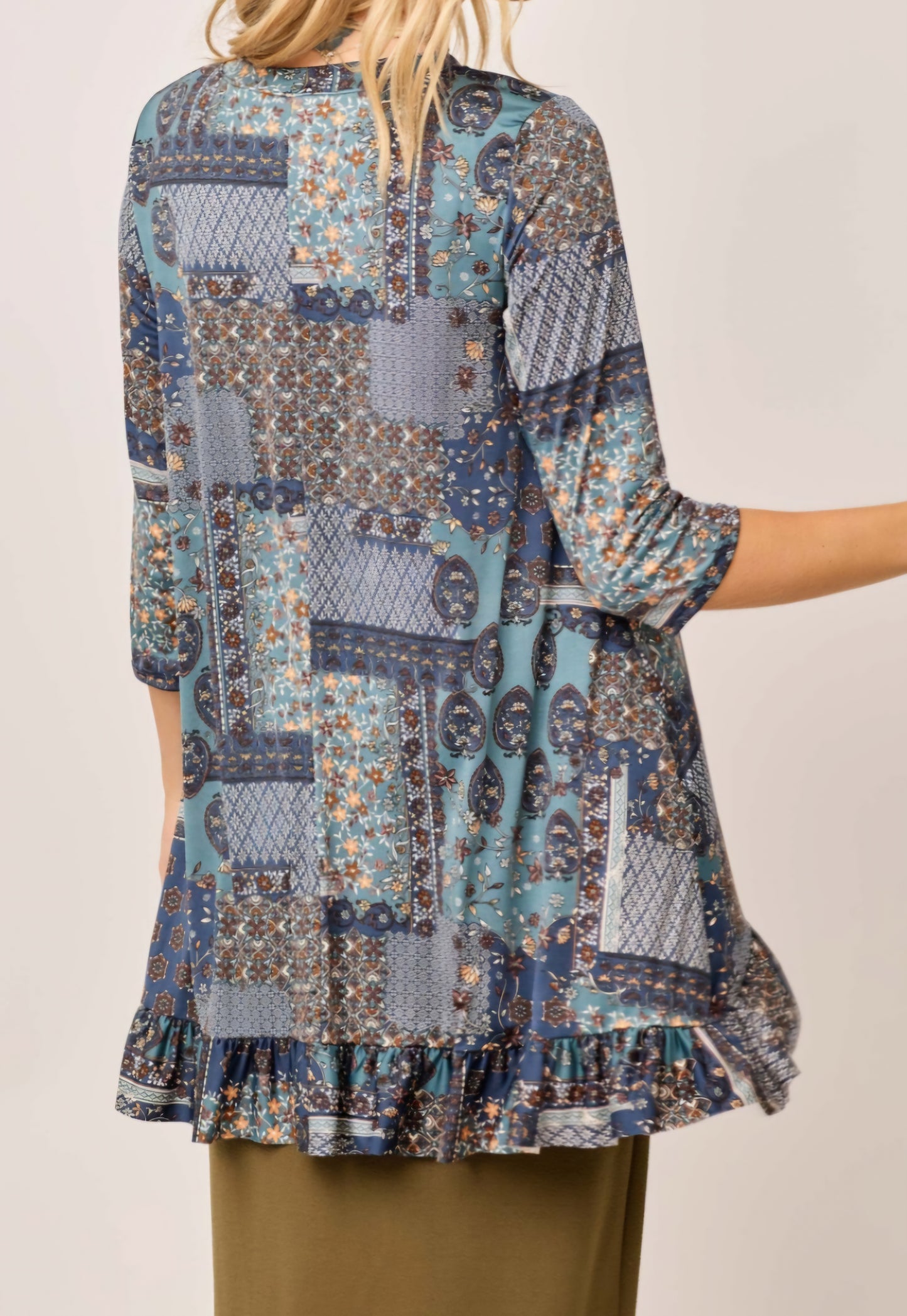 PLUS INDIGO PATCHWORK HI LOW WITH RUFFLE TRIM