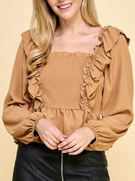 CAMEL RUFFLE BLOUSE