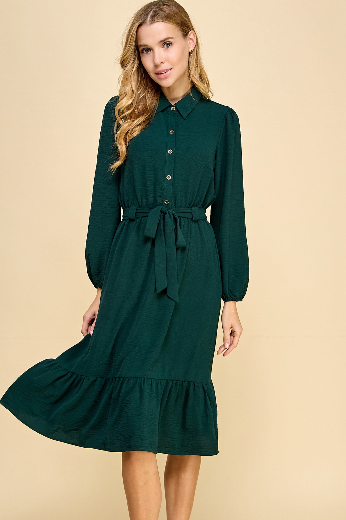 HUNTER GREEN BALLOON SLEEVE DRESS