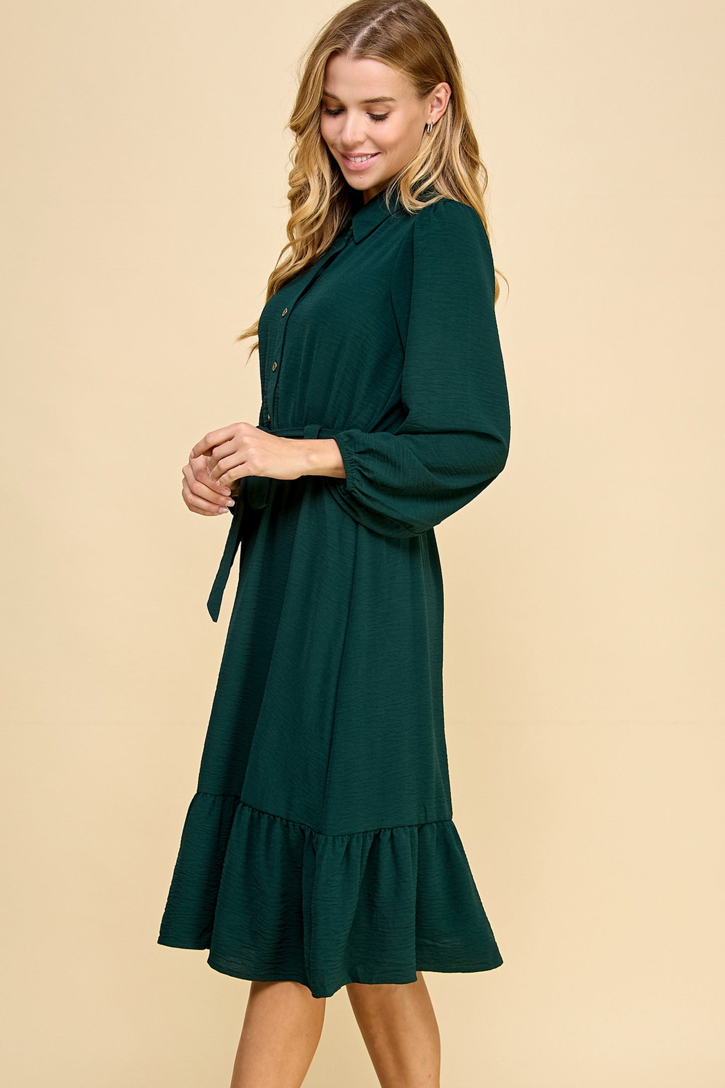 HUNTER GREEN BALLOON SLEEVE DRESS