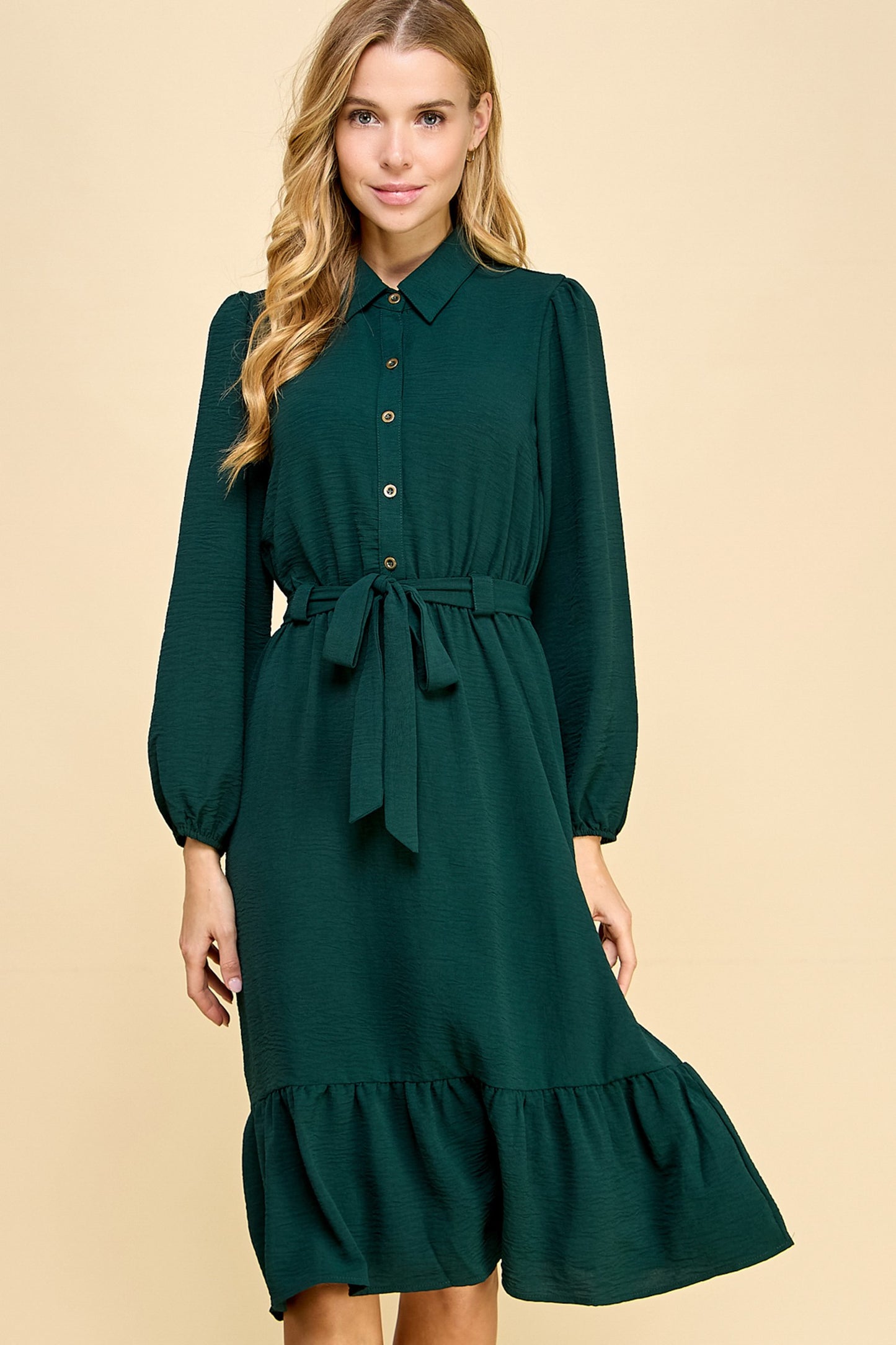 HUNTER GREEN BALLOON SLEEVE DRESS