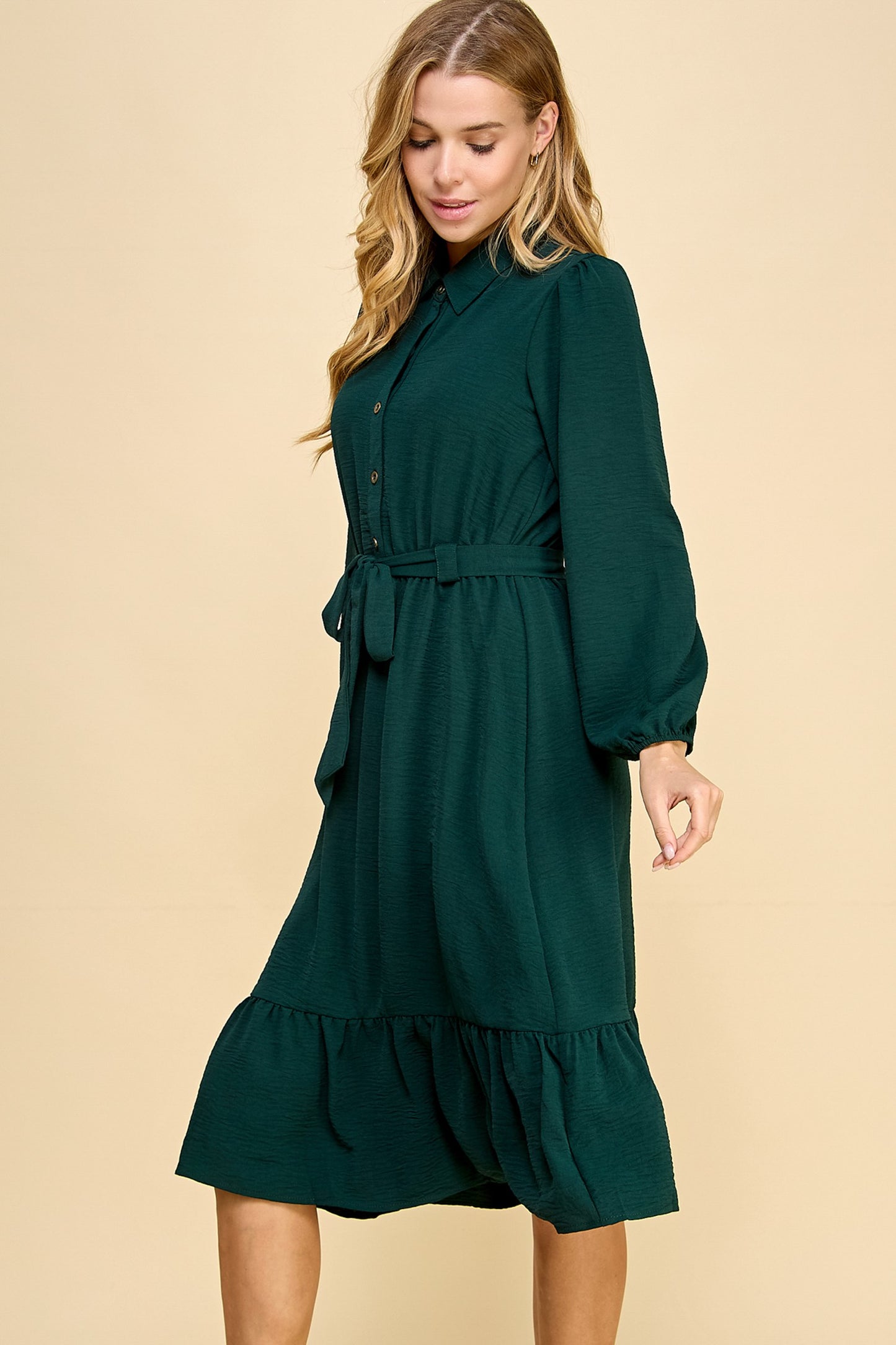 HUNTER GREEN BALLOON SLEEVE DRESS