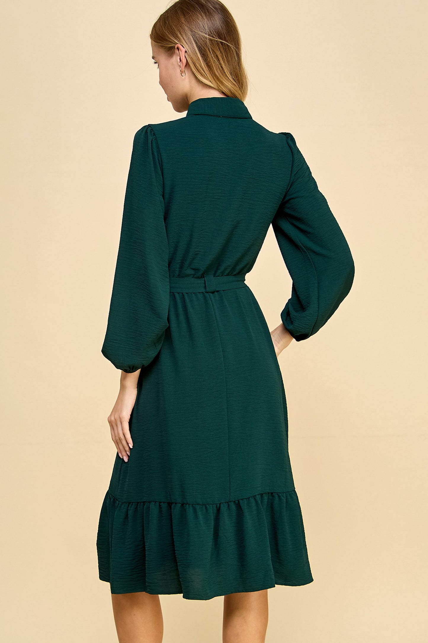 HUNTER GREEN BALLOON SLEEVE DRESS