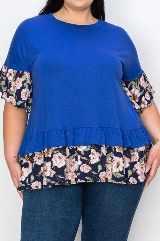 BLUE PULLOVER WITH FLORAL RUFFLES