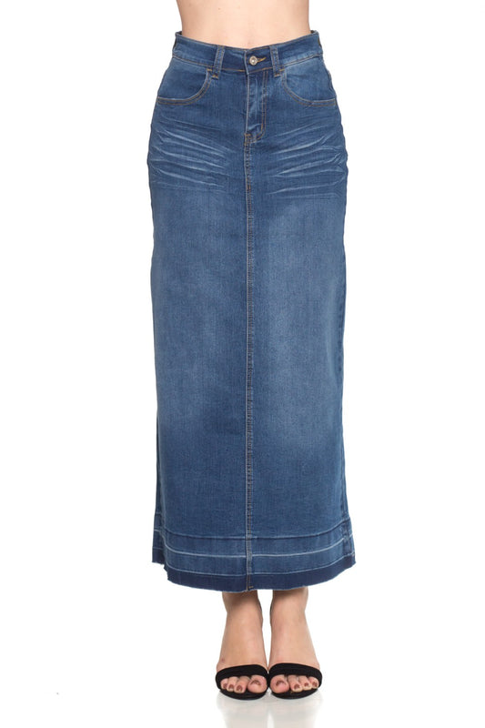 DARK DISTRESSED MAXI DENIM SKIRT