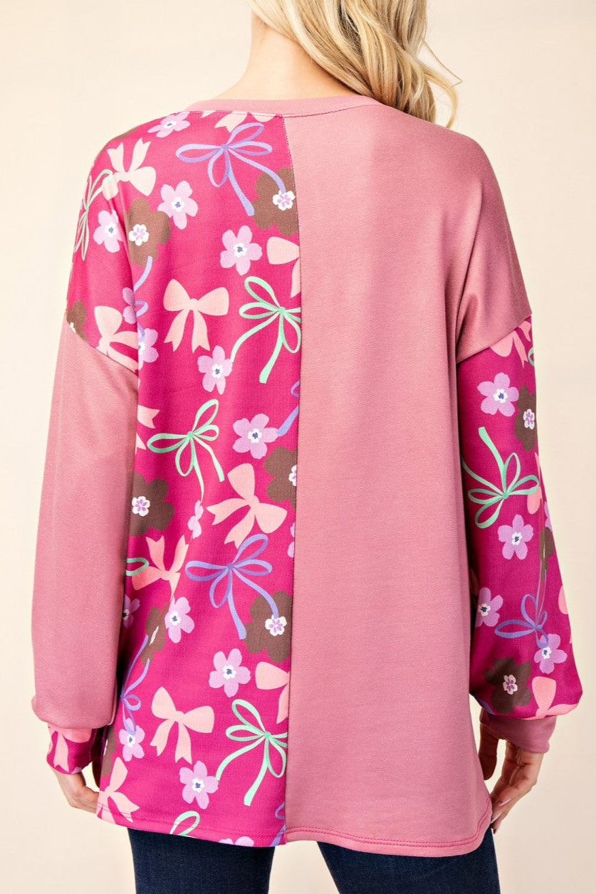 FUSCHIA BOW PRINT PULLOVER