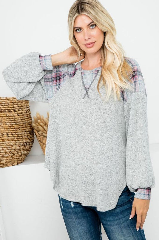 PLAID BRUSHED CASHMERE PULLOVER