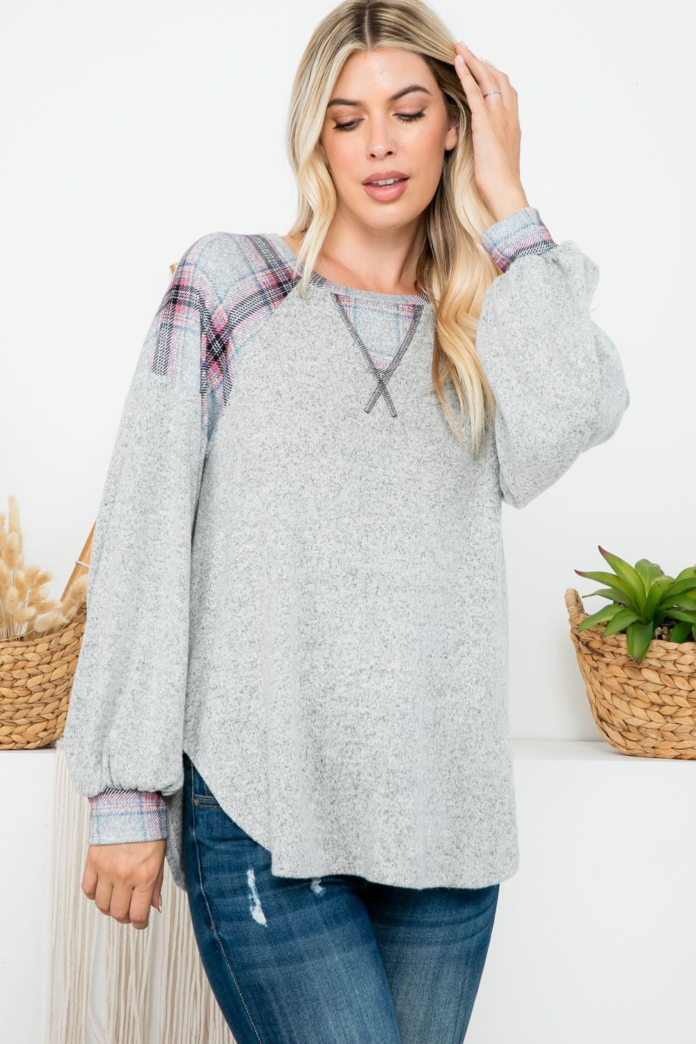 PLAID BRUSHED CASHMERE PULLOVER