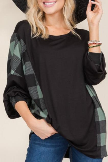 PLAID DOLMAN SLEEVE PULLOVER