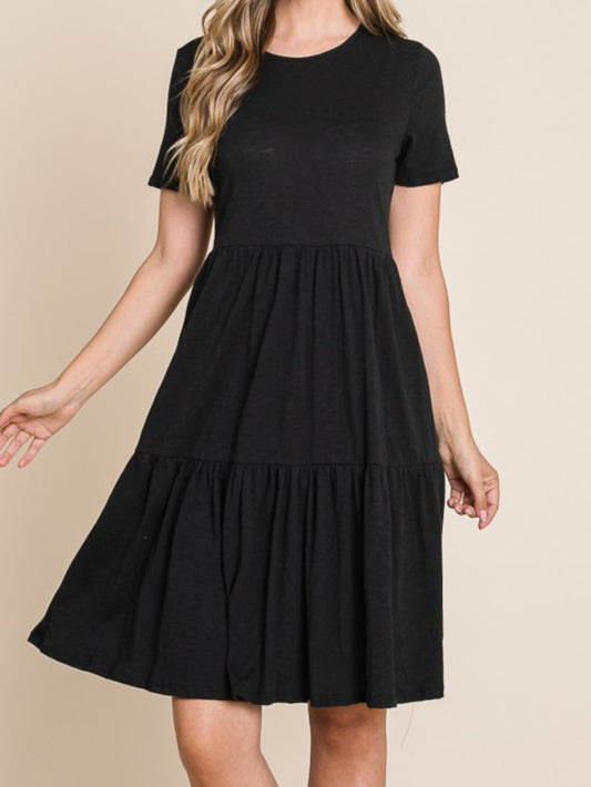 BLACK TIERED MIDI DRESS