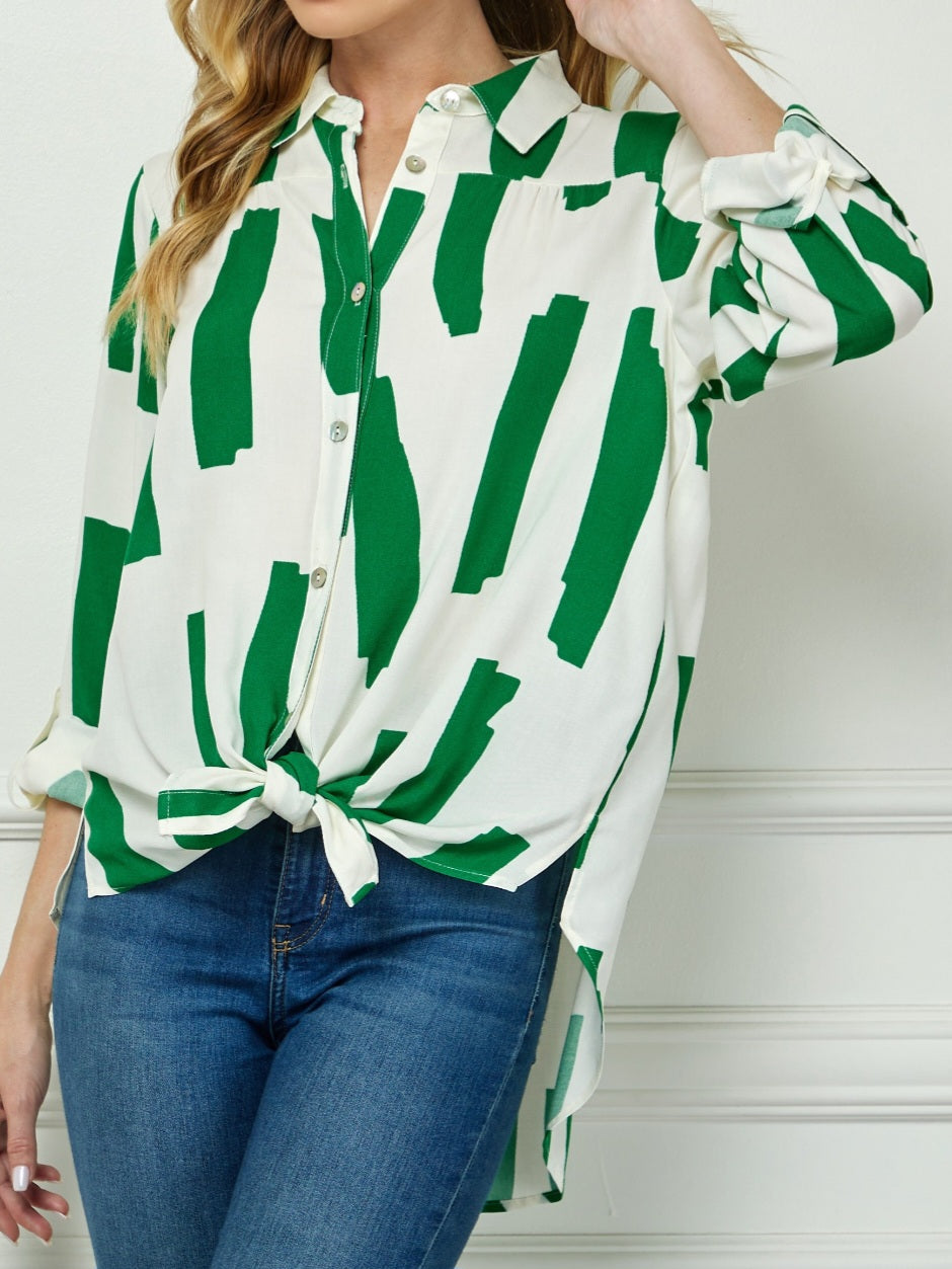 KELLY GREEN PRINTED BUTTON COLLAR SHIRT