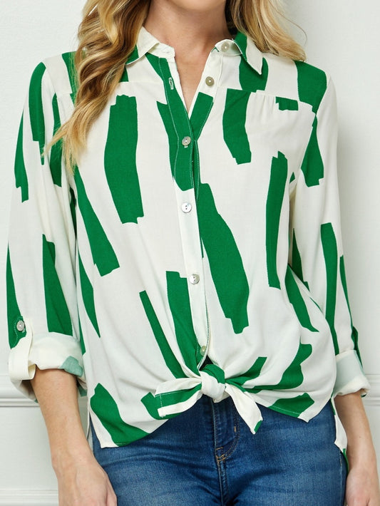 KELLY GREEN PRINTED BUTTON COLLAR SHIRT