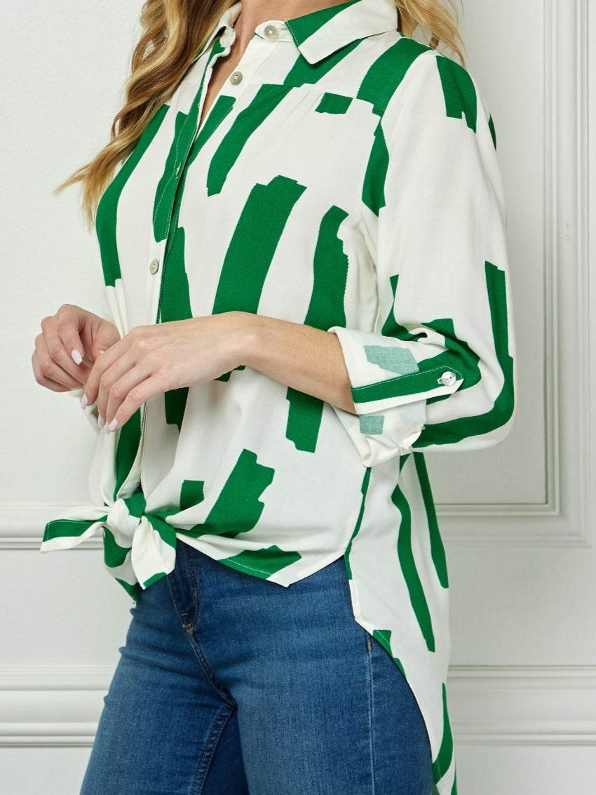 KELLY GREEN PRINTED BUTTON COLLAR SHIRT