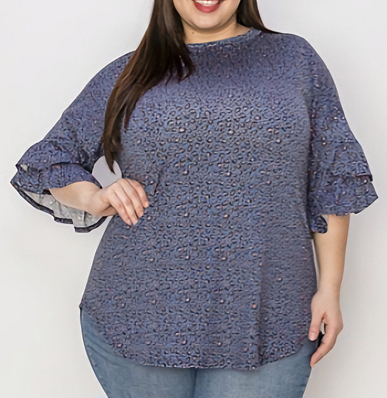 BLUE LEOPARD RUFFLE SLEEVE SHIRT