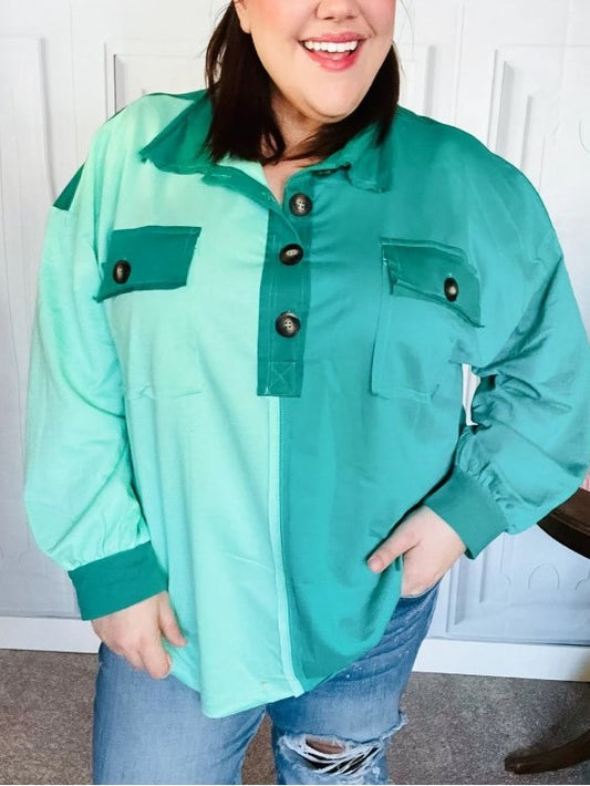 TEAL COLORBLOCK PULLOVER TOP