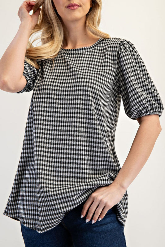 GINGAM PRINT TOP WITH PUFF SLEEVES