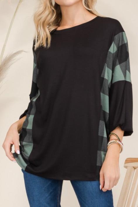 PLAID DOLMAN SLEEVE PULLOVER