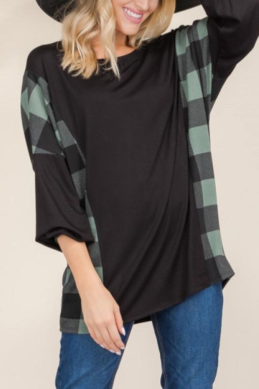 PLAID DOLMAN SLEEVE PULLOVER