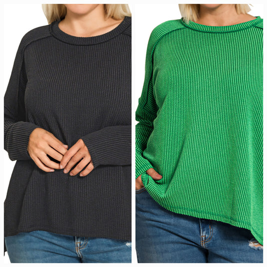 RAISED RIB RAW EDGE BOAT NECK LONG SLEEVE TOP (multi)