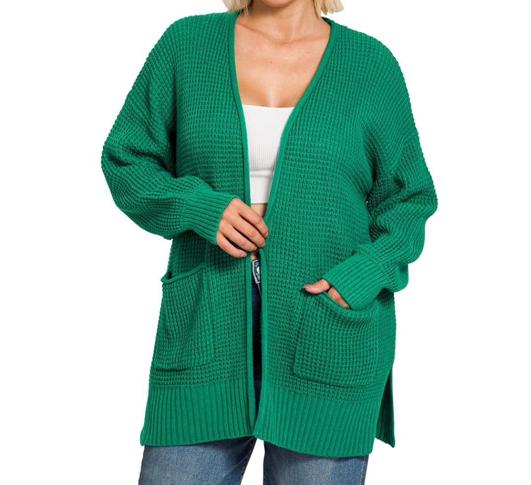 PLUS WAFFLE OPEN CARDIGAN  (dark green)