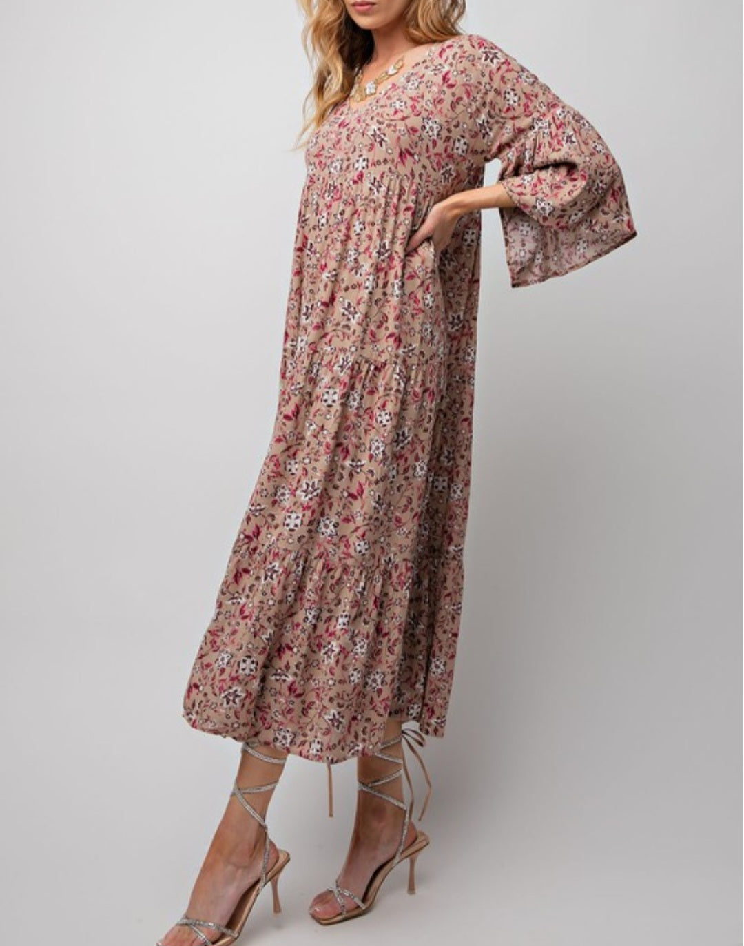 TAN FLORAL MIDI DRESS