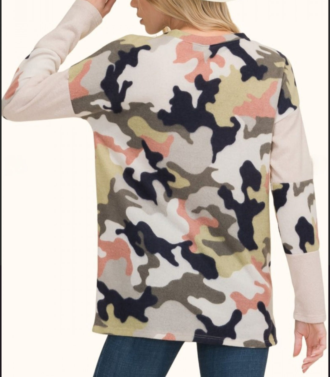 CAMO BRUSHED CASHMERE LONG SLEEVE PULLOVER