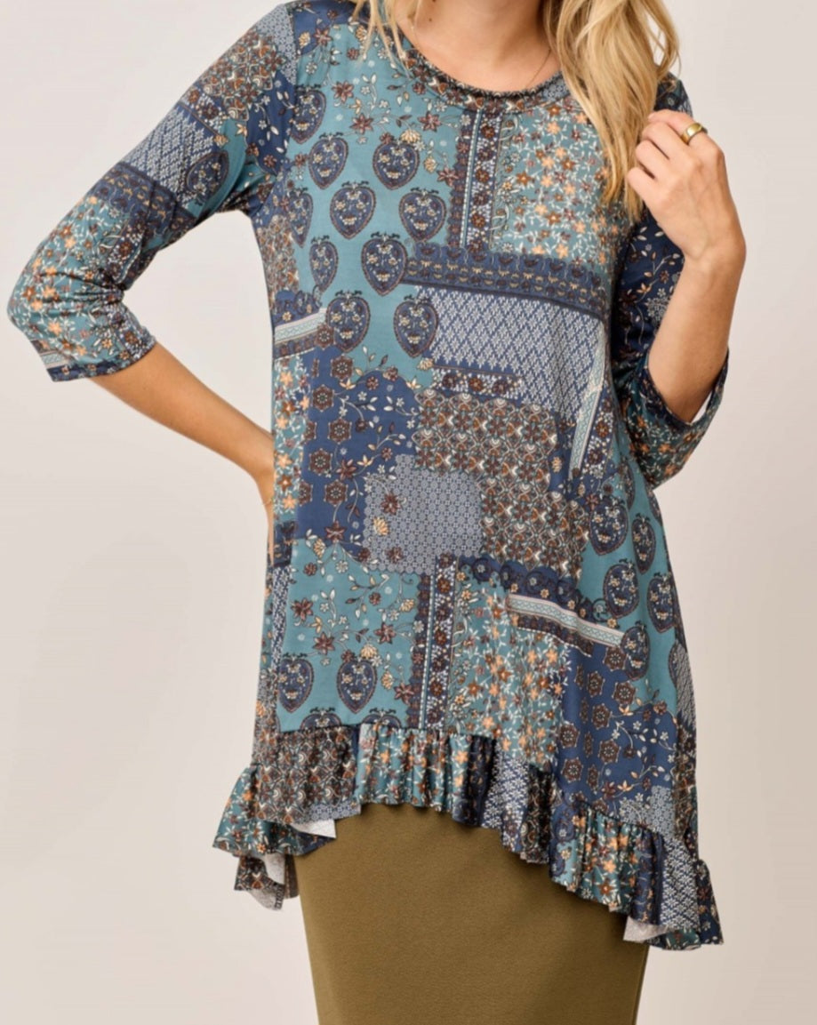 PLUS INDIGO PATCHWORK HI LOW WITH RUFFLE TRIM