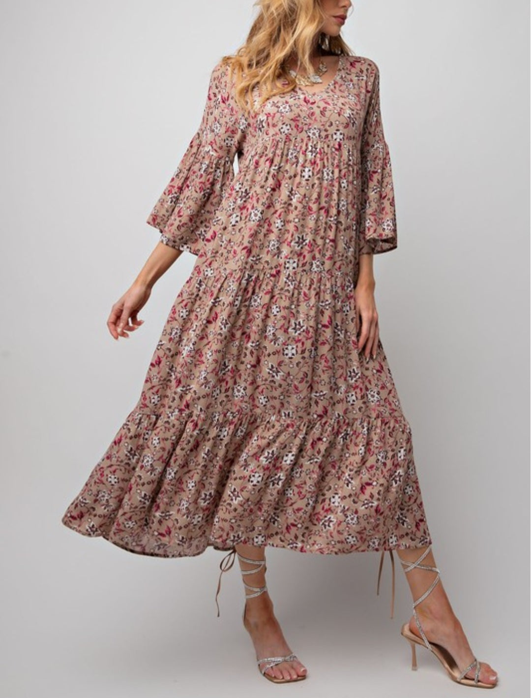 TAN FLORAL MIDI DRESS