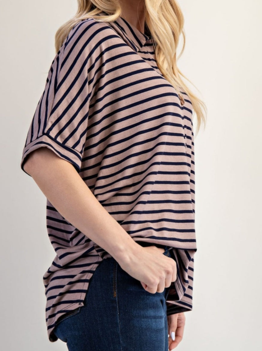 MOCHA/NAVY STRIPED PULLOVER