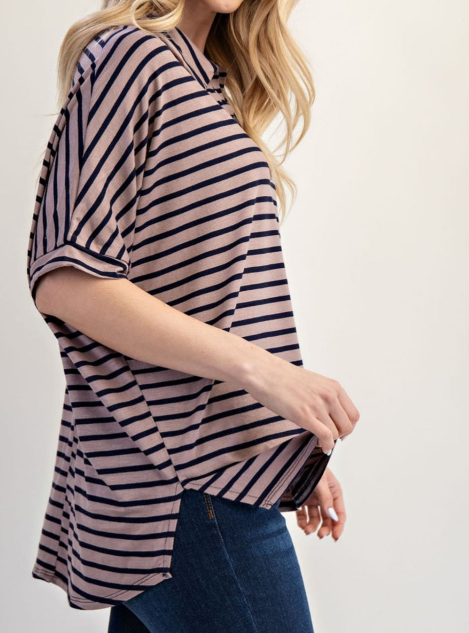 MOCHA/NAVY STRIPED PULLOVER