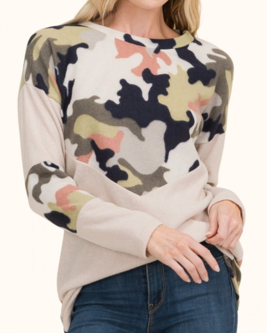 CAMO BRUSHED CASHMERE LONG SLEEVE PULLOVER