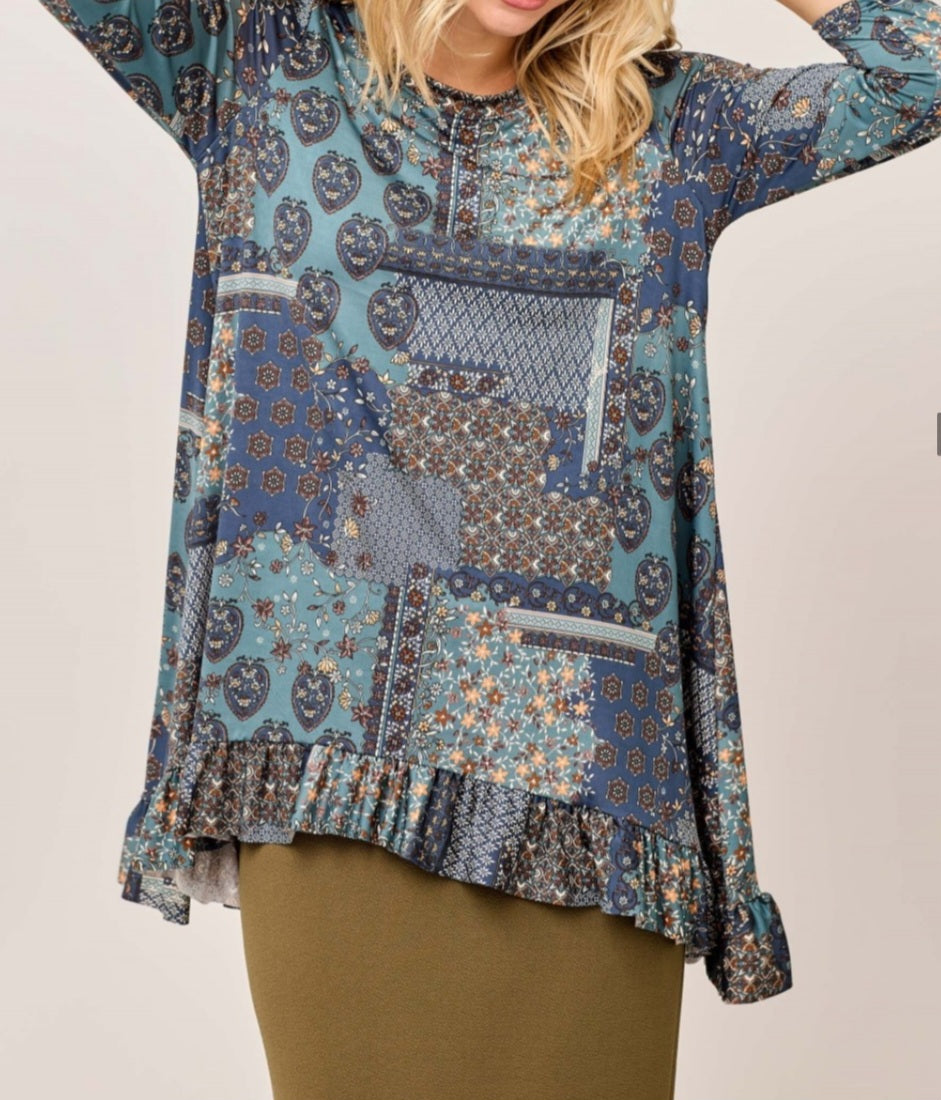 PLUS INDIGO PATCHWORK HI LOW WITH RUFFLE TRIM