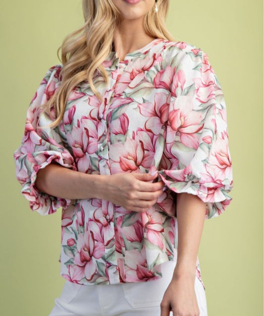 BALLOON SLEEVE BUTTON FLORAL TOP