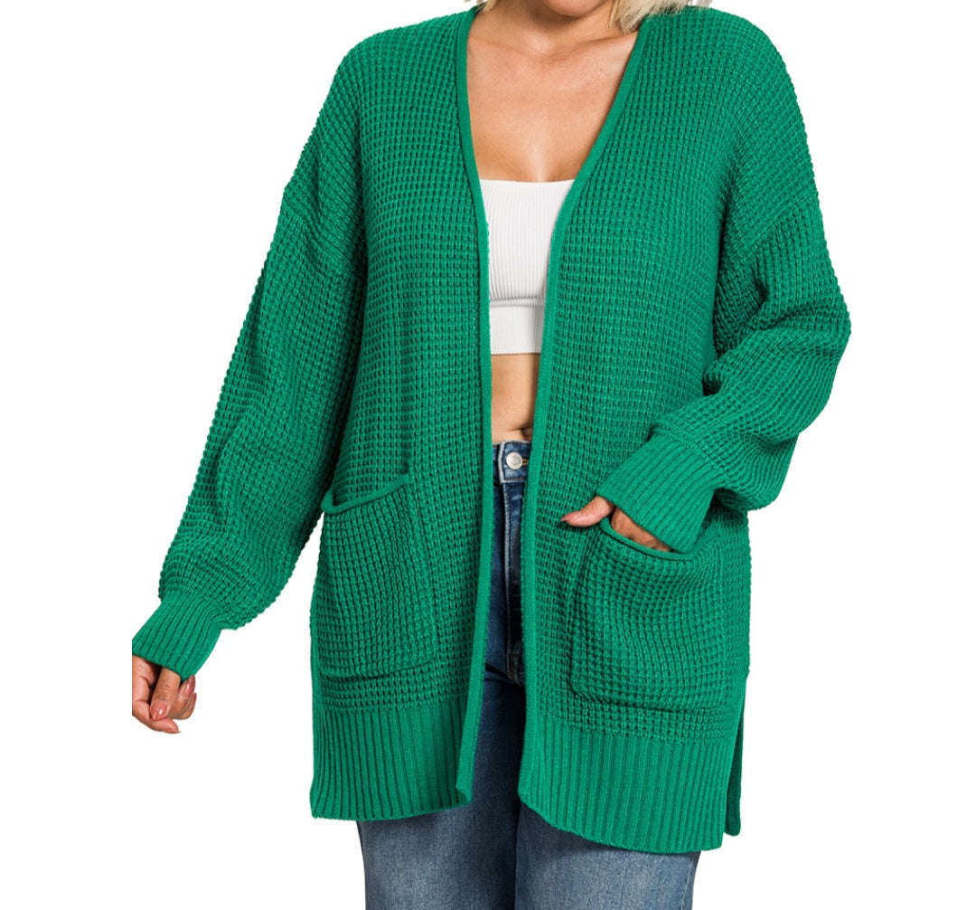 PLUS WAFFLE OPEN CARDIGAN  (dark green)