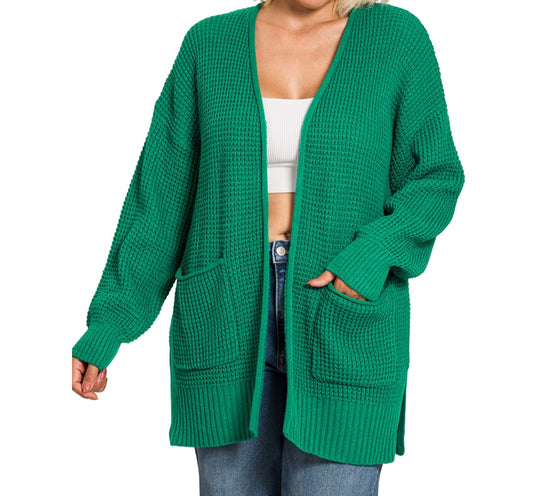 PLUS WAFFLE OPEN CARDIGAN  (dark green)