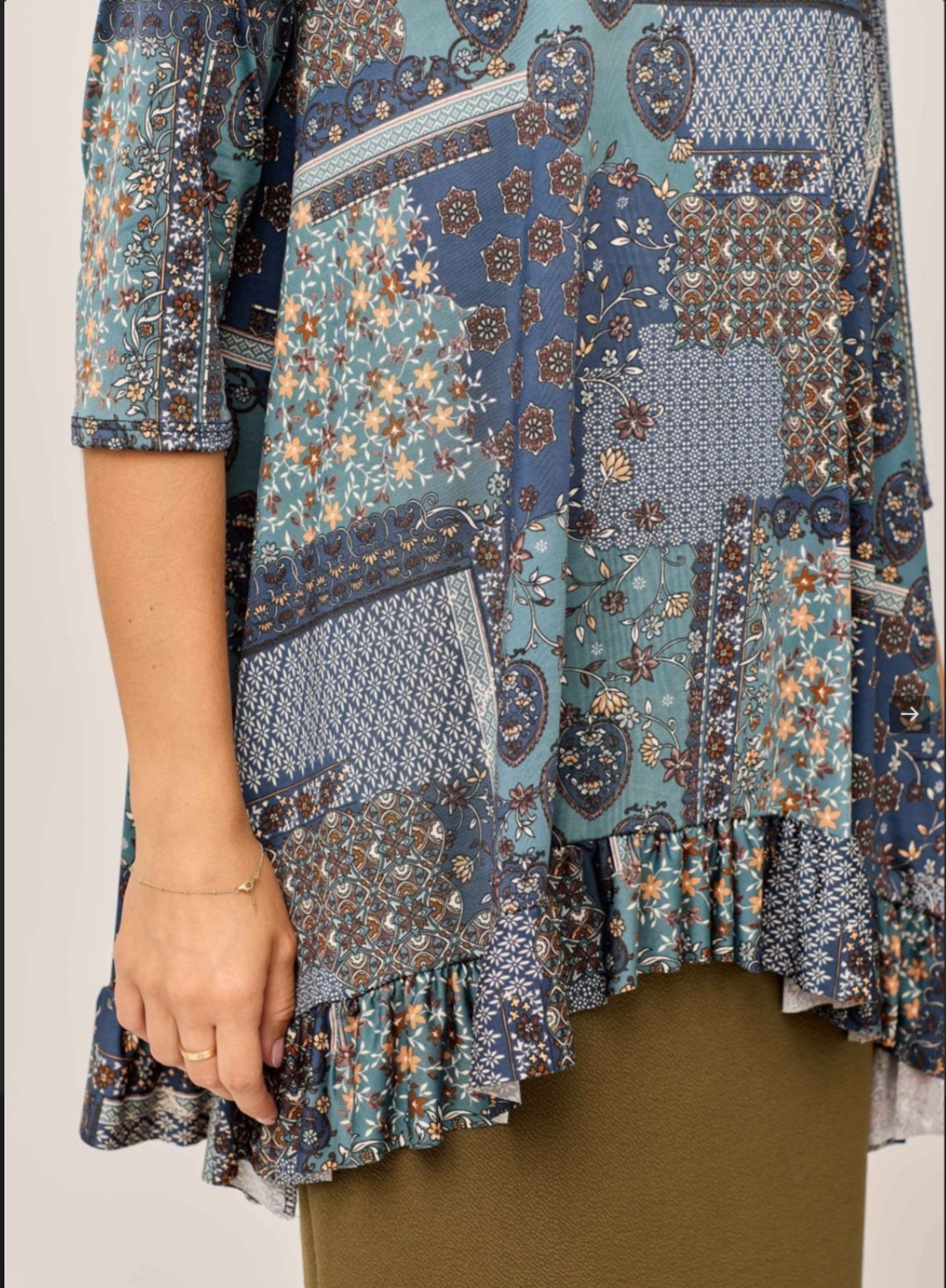 PLUS INDIGO PATCHWORK HI LOW WITH RUFFLE TRIM