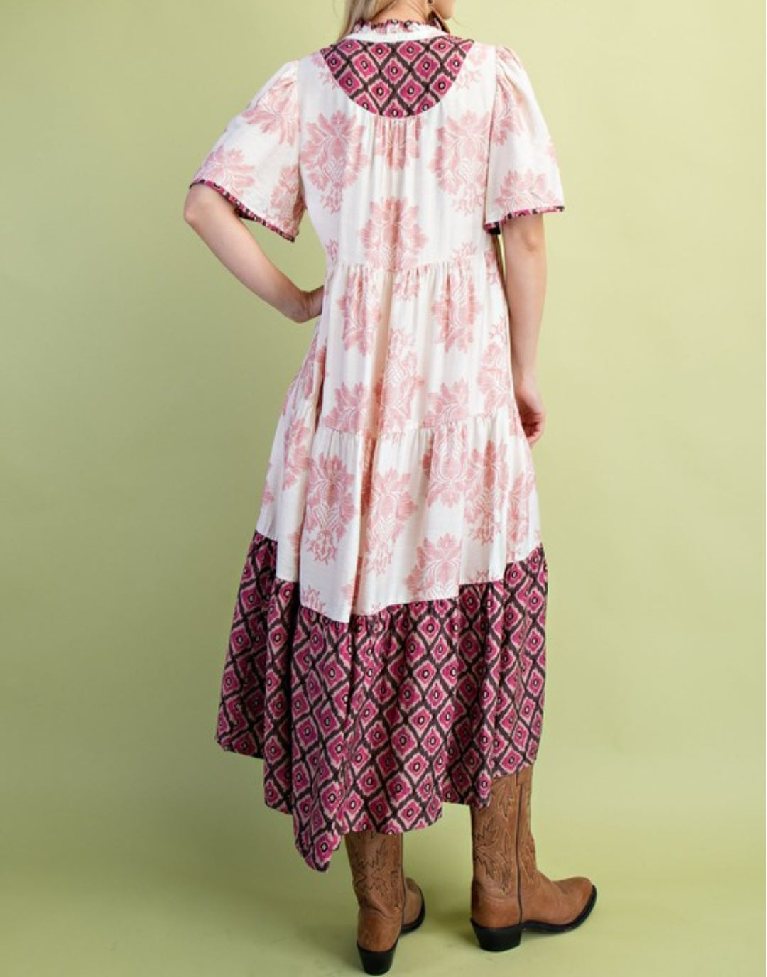 TIERED MIDI DRESS MIXED PRINT
