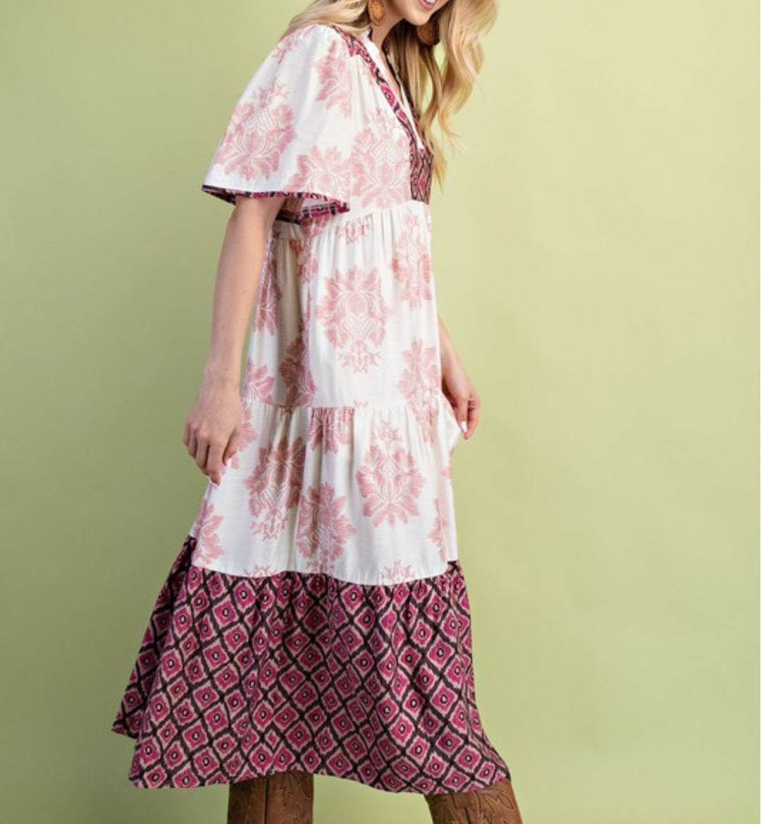 TIERED MIDI DRESS MIXED PRINT