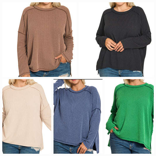 PLUS RAISED RIB RAW EDGE BOAT NECK LONG SLEEVE TOP (multi)