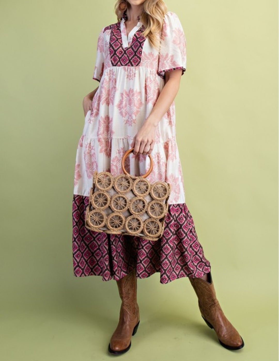 TIERED MIDI DRESS MIXED PRINT