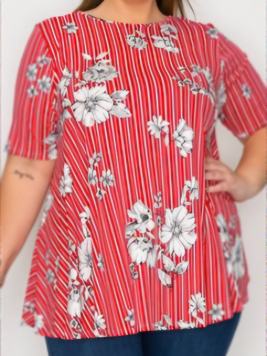 RED AND WHITE STRIPED FLORAL TUNIC
