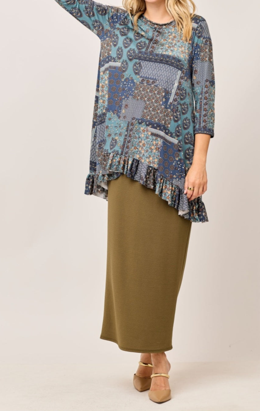 PLUS INDIGO PATCHWORK HI LOW WITH RUFFLE TRIM