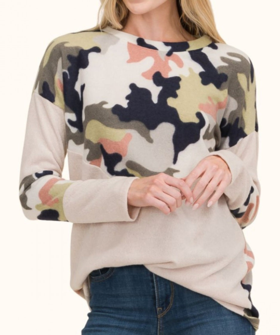 CAMO BRUSHED CASHMERE LONG SLEEVE PULLOVER