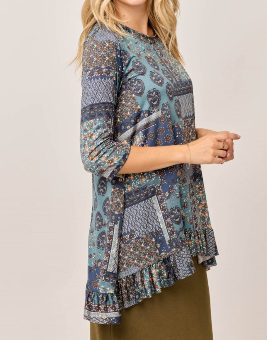 PLUS INDIGO PATCHWORK HI LOW WITH RUFFLE TRIM