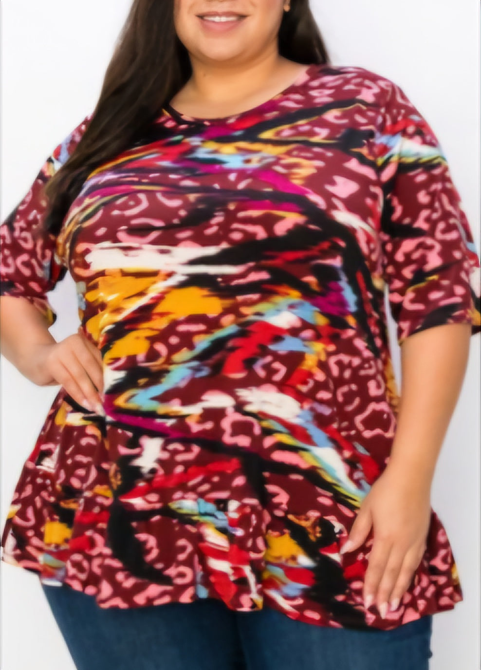 MULTI PRINT BURGUNDY FRILL TOP