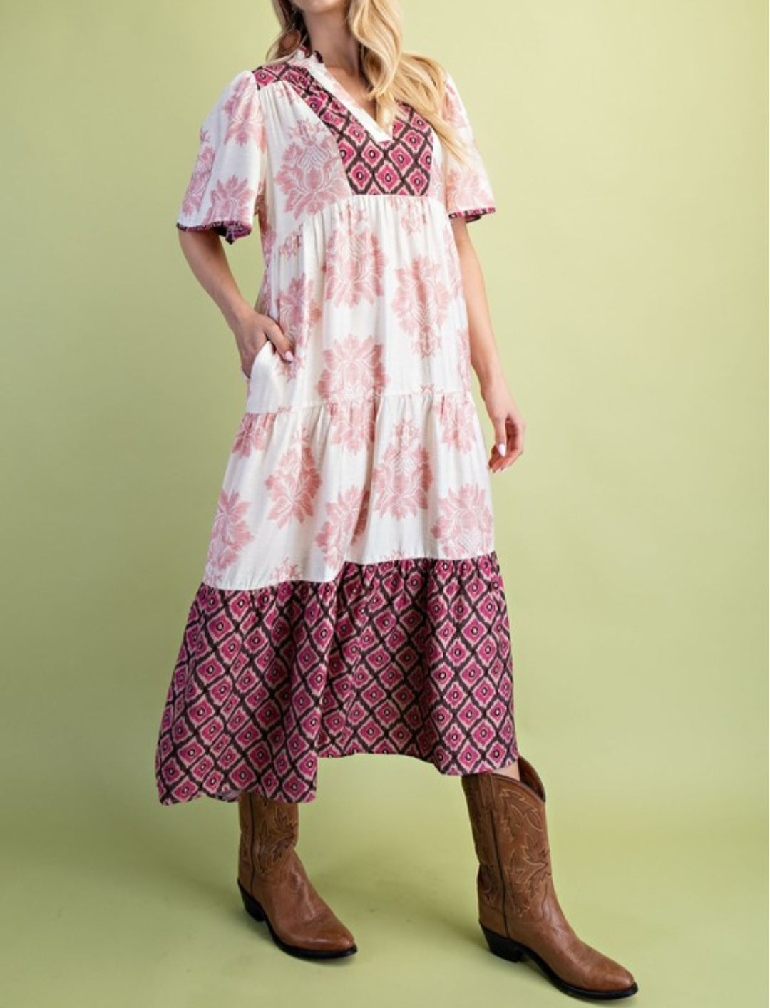 TIERED MIDI DRESS MIXED PRINT