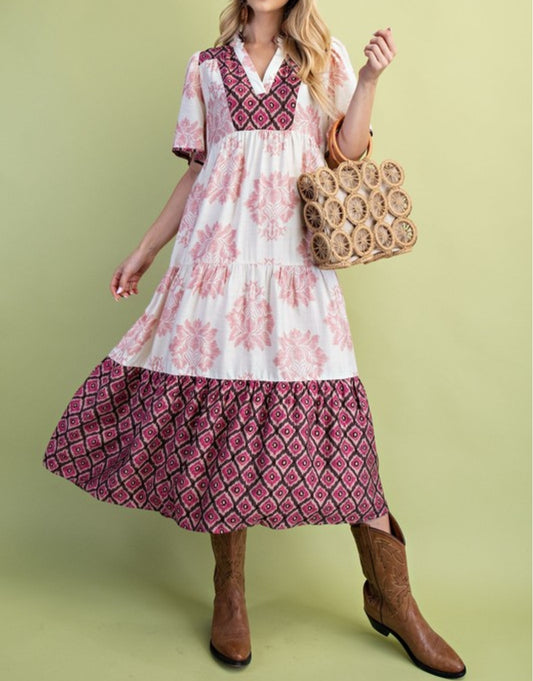TIERED MIDI DRESS MIXED PRINT