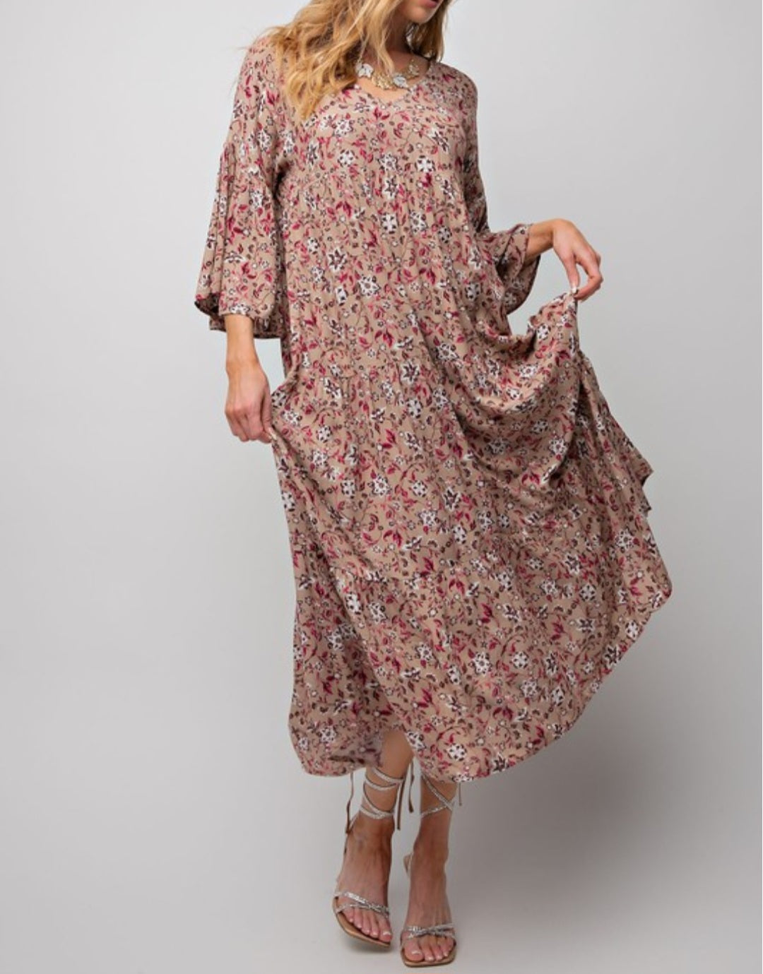 TAN FLORAL MIDI DRESS