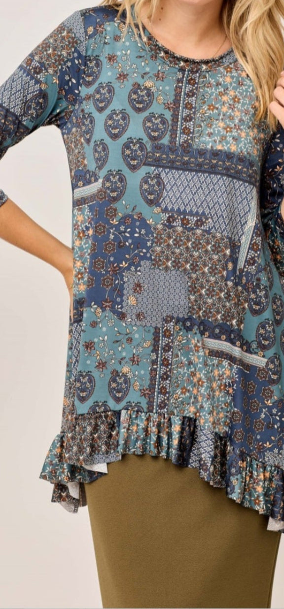 PLUS INDIGO PATCHWORK HI LOW WITH RUFFLE TRIM